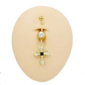 Macro shot of gold navel ring with crystal stud and cross pendant with black gemstone - Gold Black Square Stone Cross Style (BR25031703-4)