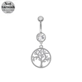 Silver 316L surgical steel belly ring with clear gemstone and tree of life pendant - Tree of Life Design (BR25030401-7)