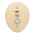 Detailed close-up of a silver belly ring featuring a cross pendant and heart-shaped zircon - Silver Heart Stone Hollow Cross Style (BR25031703-5)