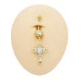 Detailed view of a golden cross belly button ring with heart-shaped zircon on a skin model - Gold Heart Stone Woven Cross Style (BR25031703-6)