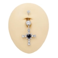 Macro view of silver cross belly button ring with black heart gem and white cubic zirconia - Silver Black Heart Stone Rhinestone Cross Style (BR25031703-7)