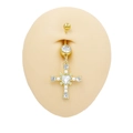 Detailed close-up of golden cross navel piercing with heart stone and pearls on model - Gold Heart Stone Artificial Pearl Cross Style (BR25031703-8)