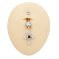 Detail of cross belly ring with black gemstone and zircon on silicone navel model - Silver Black Square Stone Hollow Cross Style (BR25031703-9)