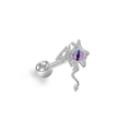 Gothic bat wing stud earring in silver finish with a purple stone inlay - Silver Dragon-Shaped Purple Eyeball (ER24092003S Purple)