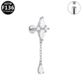 Titanium labret stud featuring a crystal cluster and silver tassel chain pendant - Cross Flower Tassel (Silver)