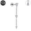 ASTM F136 titanium tassel lip stud with dangling zircons and internal threading - Three Pear Zircon Tassel (Silver)