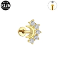 Golden titanium crescent labret stud with five inlaid cubic zirconia and flat back base - Gold Crescent Five Zirconia Style (G23LAI559-G1208099) / Gold