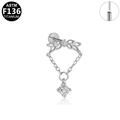 F136 titanium butterfly wing labret stud earring with dangling chain and zircon stone - Silver Double Chain Bowknot Style (G23LAP553-S1208134)