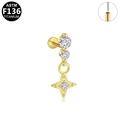 F136 titanium gold stud piercing featuring double clear zircons and a star pendant - Gold Four-Pointed Star Pendant Style (G23LAP554-G1208127)