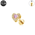 Labret de titanio ASTM F136 con circón de corazón rosa y detalles de rosca interna - Estilo de Corazón con Strass Rosa Dorado (G23LAI607-G1208106)