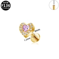 Labret de titanio ASTM F136 con circón corazón púrpura y rosca interna de seguridad - Estilo de Corazón Morado Dorado (G23LAP607-G1208106) / Dorado
