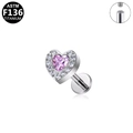 ASTM F136 titanium labret stud with heart-shaped pink gem and sparkling white crystals - Silver Pink Rhinestone Heart Style (G23LAI607-S1208101)