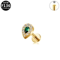 ASTM F136 titanium internal threaded labret with green pear gem and white zircon - Gold Green Rhinestone Teardrop Style (G23LAI626-G1208123)
