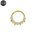 Detail of ASTM F136 titanium gold nose hoop with white zircon stones and leaf accents - Gold Leaf Rhinestone Style (G23NR648-G1208205)