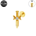 Golden titanium dagger labret stud with white zircon stone and crescent guard details - Gold Dagger Style (G23LAI700-G1208093)