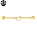 Detail van gouden F136 titanium industriële barbell met hol hart bezet met zirkoon - Gouden Hart Steen Stijl (G23INE630-G163805145)