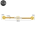 Detail van gouden F136 titanium industrial barbell met zirkoon zon en staafje van 38mm - Gouden Zonnestraal (G23INE628-G163805113)