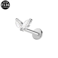 Detailed macro view of F136 titanium labret stud with two marquise-cut zircon stones - Silver Double Leaf Style (G23LAI356-S1208070)