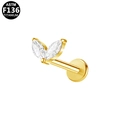 Detailed macro view of gold ASTM F136 titanium stud with marquise zircon stones - Gold Double Leaf Style (G23LAI356-G1208075)