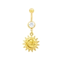 Détail du piercing de nombril doré avec pendentif soleil lune et zircon blanc brillant - Style Visage Soleil Lune Doré (BR25071132-G)