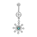 Détail du piercing de nombril en acier avec pendentif soleil turquoise et des zircons - Style Soleil Turquoise Strass Argenté (BR25071136-S)
