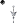 Silver G23 Titanium navel piercing ring featuring a butterfly cubic zirconia design - Silver Butterfly Clear Zirconia (SCL161005205)