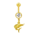 Macro view of a gold belly piercing ring featuring a sparkling gem and marlin fish pendant - Marlin Fish Style (BR25071123-G) / Gold