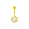 Vista de primer plano de piercing para ombligo dorado con circón central y diseño de flores - Solitario redondo / Dorado Redondo (BR25062703-G014)