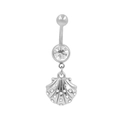 Macro view of stainless steel belly ring featuring clear cubic zirconia and seashell charm - Shell Style (BR25071124-S)