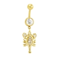 Detailed view of a gold-plated stainless steel lobster navel ring with zircon inlay - Gold Scorpion Style