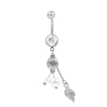 Macro view of silver naval ring with shell pendants, pearls and clear zircon stone - Silver Ocean Shell Pearl Style (BR25071111-S)