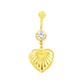 Detail of gold heart belly ring with curved barbell, clear zircon, and hollow pendant - Gold Hollow Heart