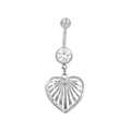 Close-up of stainless steel belly button ring featuring a hollow heart pendant and clear zircon - Silver Hollow Heart