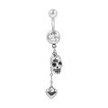 Dettaglio del piercing all'ombelico teschio d'argento con cuore e zircone lucido - Stile Teschio Cuore Argento (BR25071113-S)