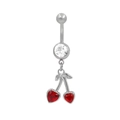 Dettaglio piercing ombelico a ciliegia con gemme rosse a cuore e gambo in acciaio - Stile Ciliegia Argento