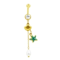 Dettaglio piercing ombelico dorato con conchiglia stella marina e perla a goccia - Stile Stella Marina Conchiglia Oro (BR25071118-G)