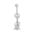 Detailed macro view of silver belly ring with zircon stone and sea creature pendant - Jellyfish Style (BR25071131-S)