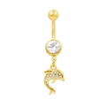 Dettaglio del piercing all'ombelico a delfino dorato con zirconi brillanti su sfondo bianco - Forma a Delfino Oro