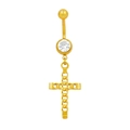 Dettaglio del piercing all'ombelico in acciaio dorato con cristallo e ciondolo a croce - Stile Croce Oro Trama Catena (BR25071156-G)