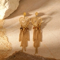 Detail of gold heart earrings with tassel chains and natural tiger eye stone beads - LC40045 Hollow Heart Tassel Earrings