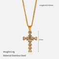 Detail showing dimensions of gold cross pendant with heart crystals on stainless steel chain - Heart Clear Rhinestone Cross (YHTSN-2501050) / 415+55mm