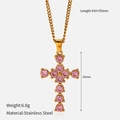 Close-up of golden stainless steel cross pendant with pink round-cut cubic zirconia crystals - Pink Round Rhinestone Cross (YHTSN-2501082) / 410+55mm