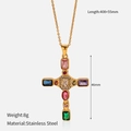 Detail of 18K gold plated stainless steel cross necklace with colorful gemstones and dimensions - Vintage Multi-color Rhinestone Cross (YHTSN-2501126)
