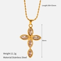 Detail of gold stainless steel cross necklace featuring marquise cut zircon stones - Clear Marquise Rhinestone Cross (YHTSN-2501113)