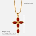 Detailed view of a gold-plated stainless steel cross necklace with five red marquise gems - Red Marquise Rhinestone Cross (YHTSN-2501114)