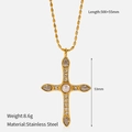 Detail of 18K gold plated stainless steel cross pendant with pearl and zircon inlay - Artificial Pearl Rhinestone Cross (YHTSN-2501138)