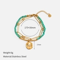 Detail of double-layer gold stainless steel chain with green beads and sunburst pendant - Paperclip Chain With Green Beads Sun Charm Style (CH1336)