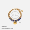 Detail of double-layer stainless steel bracelet with blue stones and evil eye square pendant - Beaded Chain With Blue Stone Evil Eye Style (CH1334)