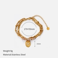 Double-layered stainless steel bracelet with pink beads and engraved oval pendant - O-Chain With Pink Beads Oval Carved Motif Style (CH1338)