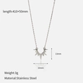 Detailed view of silver stainless steel sunburst necklace with dimensions and size info - Silver Fine Chain Semicircle Sun Pendant (CH1279)